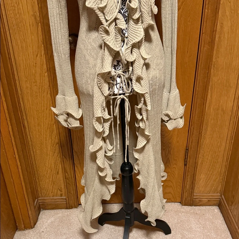 Boston Proper Tan Waterfall Ruffled Longline Cardigan with Ties Lightweight Med - Picture 5 of 11